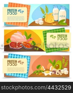 Protein Food Flat Horizontal Banners Set . Healthy diet 3 horizontal flat banners set with information on high protein food abstract isolated vector illustration