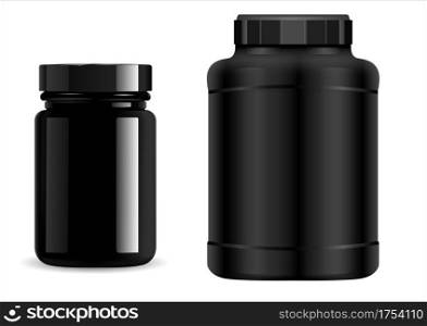 Protein jar. Black plastic bottle. Supplement package, sport container, 3d vector. Whey protein powder packaging. Vitamin pill can, realistic round cylinder bottle set. Geiner pack blank isolated. Protein jar. Black plastic bottle. Supplement jar