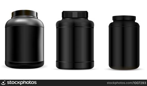 Protein Jar. Supplement Bottle Mockup. Plastic Nutrition Container for Energy Fitness Powder Isolated on White. Black Package for Whey Protein or Casein. Sport Product Canister Template Muscle Workout. Protein Jar. Supplement Bottle Mockup. Nutrition