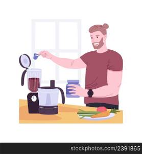 Protein shake isolated cartoon vector illustrations. Muscular body man makes protein cocktail, pouring powder into a blender, superfoods addiction, sport drink, healthy nutrition vector cartoon.. Protein shake isolated cartoon vector illustrations.
