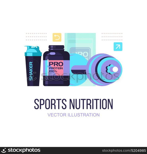 Protein, shakers, dumbbell, energy drinks. Fitness. Sports nutrition. Vector illustration isolated on white background. Set of design elements.