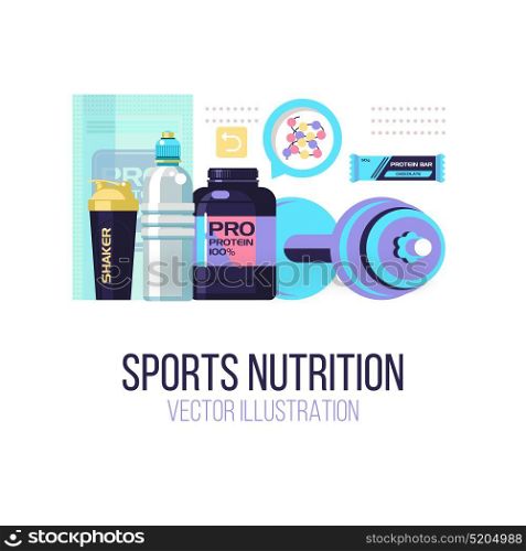 Protein, shakers, dumbbell, energy drinks. Sports nutrition. Fitness. Set of design elements. Vector illustration isolated on white background.