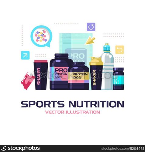 Protein, shakers, dumbbell, energy drinks. Sports nutrition. Fitness. Vector illustration isolated on white background. Set of design elements.