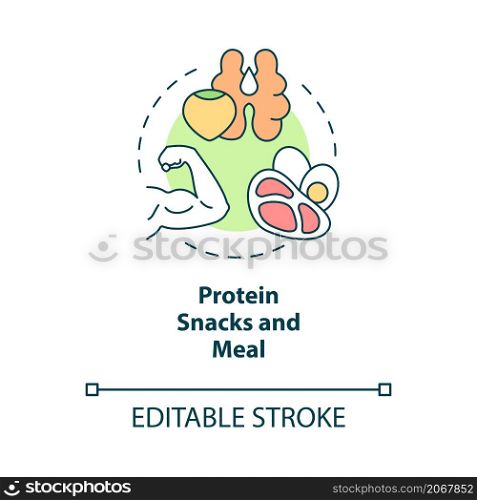 Protein snacks and meal concept icon. Healthy food for fitness abstract idea thin line illustration. Isolated outline drawing. Editable stroke. Roboto-Medium, Myriad Pro-Bold fonts used. Protein snacks and meal concept icon