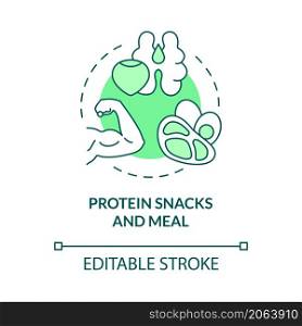 Protein snacks and meal green concept icon. Healthy food for fitness abstract idea thin line illustration. Isolated outline drawing. Editable stroke. Roboto-Medium, Myriad Pro-Bold fonts used. Protein snacks and meal green concept icon