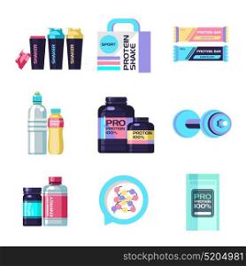 Protein, sports nutrition, energy drinks, water, shaker bottle, dumbbells. Set of vector icons, design elements.