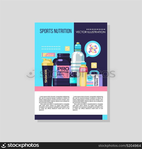 Protein, sports nutrition, energy drinks, water, shaker bottle, dumbbells. Vector illustration. Flyer, magazine.