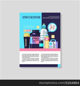 Protein, sports nutrition, energy drinks, water, shaker bottle, dumbbells. Vector illustration. Flyer, magazine.