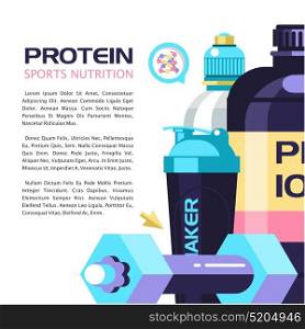 Protein, sports nutrition, energy drinks, water, shaker bottle, dumbbells. Vector illustration with place for text.