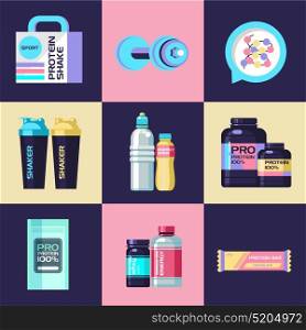 Protein, sports nutrition, energy drinks, water, shaker. Set of vector icons, design elements.