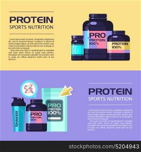 Protein, sports nutrition, energy drinks, water, shaker. Set of vector illustrations with space for text.