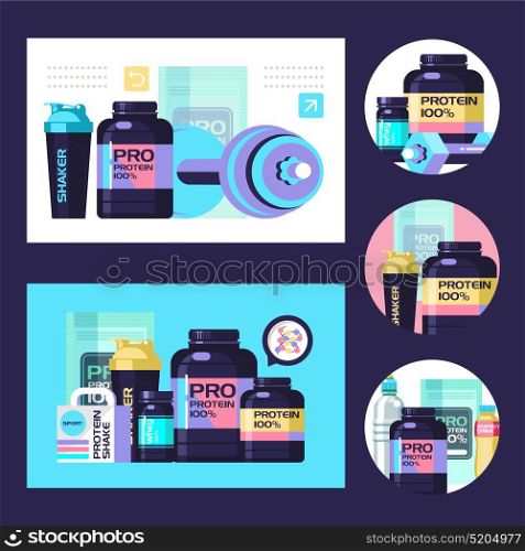 Protein. Sports nutrition. Vector illustration. Set of design elements, icons.