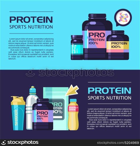 Protein. Sports nutrition. Vector illustration with place for text, banner. Set of design elements.