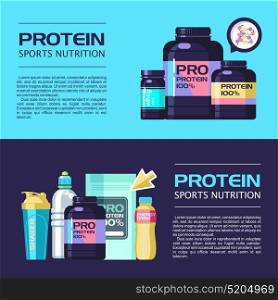 Protein. Sports nutrition. Vector illustration with place for text, banner. Set of design elements.