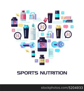 Protein, sports nutrition, water, shaker, dumbbell, energy drinks. Set of design elements, which are arranged in the shape of a heart.
