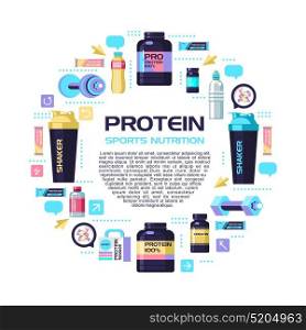 Protein, sports nutrition, water, shaker, dumbbell, energy drinks. Set of design elements arranged in a circle.