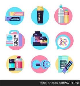 Protein, sports nutrition, water, shaker, dumbbell, energy drinks. Round vector icons.