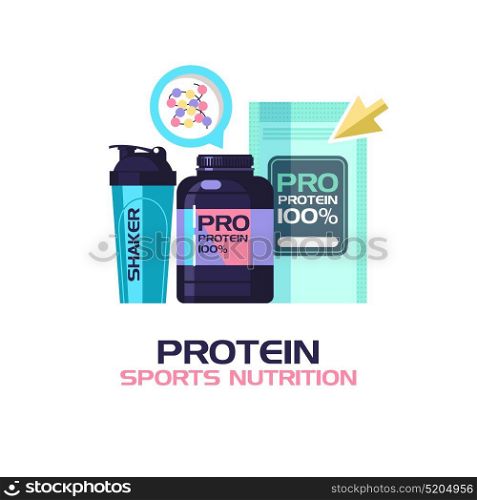 Protein, sports nutrition, water, shaker. Vector illustration isolated on white background.