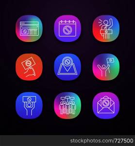 Protest action app icons set. Internet news, protest date, protester, banner, location, leader, speech, picket, email. UI/UX user interface. Web or mobile application. Vector isolated illustration. Protest action app icons set