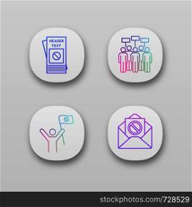Protest action app icons set. Protester, meeting, protest email, leaflet. UI/UX user interface. Web or mobile applications. Vector isolated illustrations. Protest action app icons set