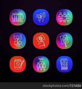 Protest action app icons set. UI/UX user interface. Meeting, protester, picket, speech, banner, protest placard, petition, leader, leaflet. Web or mobile application. Vector isolated illustration. Protest action app icons set