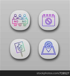 Protest action app icons set. UI/UX user interface. Social movement date, protest location, banner, picket. Web or mobile applications. Vector isolated illustrations. Protest action app icons set
