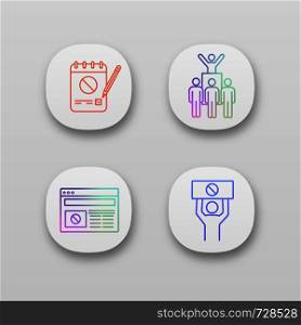 Protest action app icons set. UI/UX user interface. Petition, protest leader, social movement, political internet news. Web or mobile applications. Vector isolated illustrations. Protest action app icons set