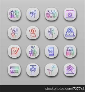Protest action app icons set. UI/UX user interface. Mass demonstrations. Political behaviour. Social and political movements. Democracy and human rights protection. Vector isolated illustration. Protest action app icons set