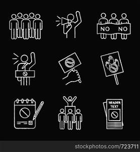 Protest action chalk icons set. Meeting, protester, picket, speech, banner, protest placard, petition, leader, leaflet. Isolated vector chalkboard illustrations. Protest action chalk icons set
