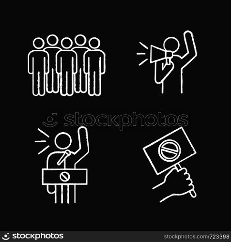 Protest action chalk icons set. Meeting, protester, protest banner, speech. Isolated vector chalkboard illustrations. Protest action chalk icons set