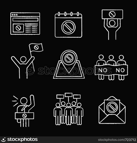 Protest action chalk icons set. Protest banner, date, protester, internet news, location, email, picket, strike, speech. Isolated vector chalkboard illustrations. Protest action chalk icons set