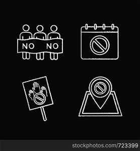 Protest action chalk icons set. Social movement date, protest location, banner, picket. Isolated vector chalkboard illustrations. Protest action chalk icons set