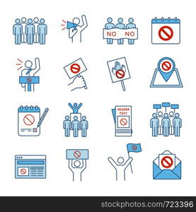 Protest action color icons set. Mass demonstrations. Political behaviour. Social and political movements. Democracy and human rights protection. Isolated vector illustrations. Protest action color icons set