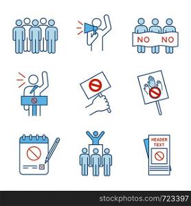 Protest action color icons set. Meeting, protester, picket, speech, banner, protest placard, petition, leader, leaflet. Isolated vector illustrations. Protest action color icons set