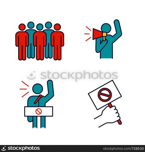 Protest action color icons set. Meeting, protester, protest banner, speech. Isolated vector illustrations. Protest action color icons set
