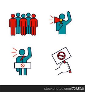 Protest action color icons set. Meeting, protester, protest banner, speech. Isolated vector illustrations. Protest action color icons set
