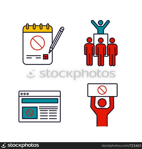 Protest action color icons set. Petition, protest leader, social movement, political internet news. Isolated vector illustrations. Protest action color icons set