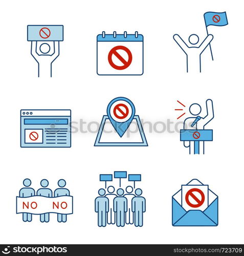 Protest action color icons set. Protest banner, date, protester, internet news, location, email, picket, strike, speech. Isolated vector illustrations. Protest action color icons set