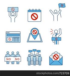 Protest action color icons set. Protest banner, date, protester, internet news, location, email, picket, strike, speech. Isolated vector illustrations. Protest action color icons set