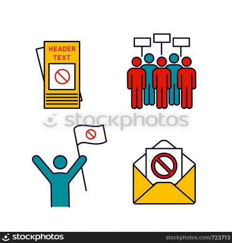 Protest action color icons set. Protester, meeting, protest email, leaflet. Isolated vector illustrations. Protest action color icons set