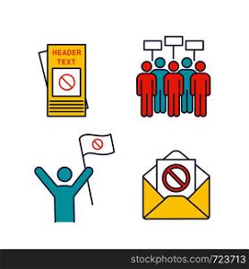 Protest action color icons set. Protester, meeting, protest email, leaflet. Isolated vector illustrations. Protest action color icons set