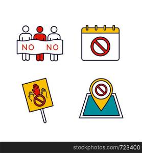 Protest action color icons set. Social movement date, protest location, banner, picket. Isolated vector illustrations. Protest action color icons set