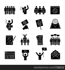 Protest action glyph icons set. Mass demonstrations. Political behaviour. Social and political movements. Democracy and human rights protection. Silhouette symbols. Vector isolated illustration. Protest action glyph icons set