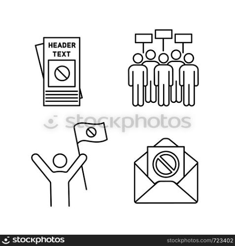 Protest action linear icons set. Protester, meeting, protest email, leaflet. Thin line contour symbols. Isolated vector outline illustrations. Editable stroke. Protest action linear icons set
