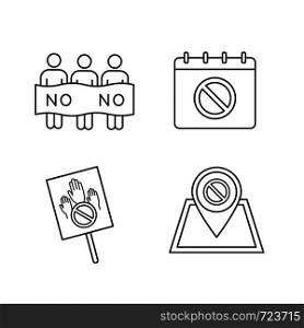 Protest action linear icons set. Social movement date, protest location, banner, picket. Thin line contour symbols. Isolated vector outline illustrations. Editable stroke. Protest action linear icons set