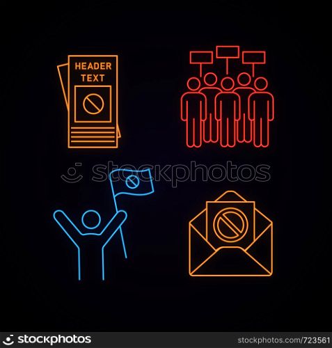 Protest action neon light icon. Protester, meeting, protest email, leaflet. Glowing sign. Vector isolated illustration. Protest action neon light icon