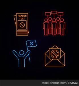 Protest action neon light icon. Protester, meeting, protest email, leaflet. Glowing sign. Vector isolated illustration. Protest action neon light icon