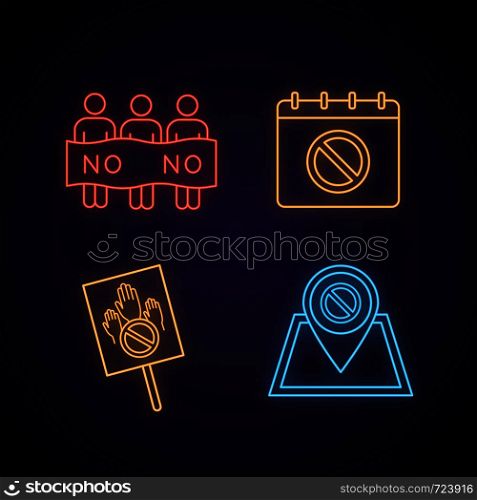 Protest action neon light icon. Social movement date, protest location, banner, picket. Glowing sign. Vector isolated illustration. Protest action neon light icon