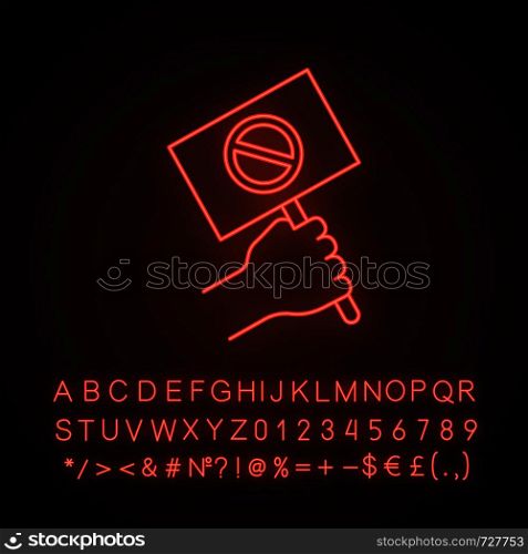 Protest banner in hand neon light icon. Protester?'s or activist'??s hand. Demonstration, meeting. Protest placard. Glowing sign with alphabet, numbers. Vector isolated illustration. Protest banner in hand neon light icon