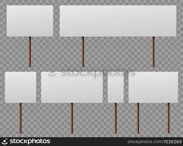 Protest banners. Blank white placard with wooden stick. Politic strike boards realistic vector holding public broadsheet template. Protest banners. Blank white placard with wooden stick. Politic strike boards realistic vector template